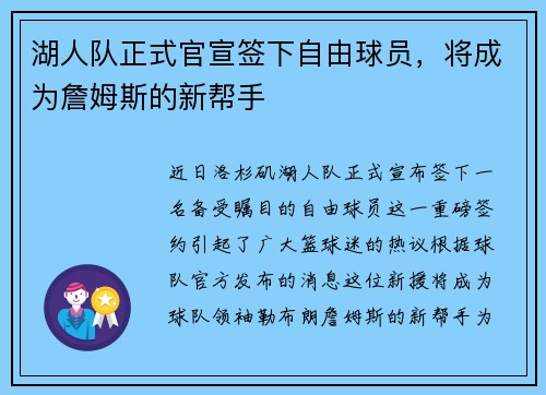 湖人队正式官宣签下自由球员，将成为詹姆斯的新帮手