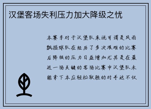 汉堡客场失利压力加大降级之忧