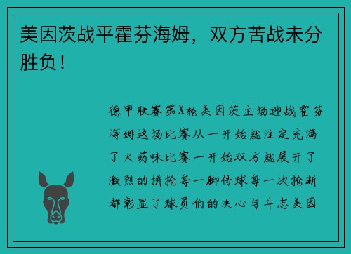 美因茨战平霍芬海姆，双方苦战未分胜负！